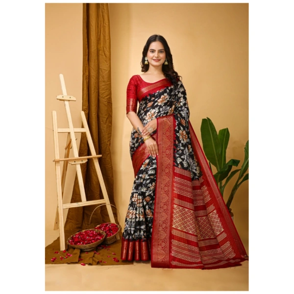 Generic Women's Soft Dola Cotton Kalamkari Printed Saree With Unstitched Blouse 5.5Mtr (Black) - Black