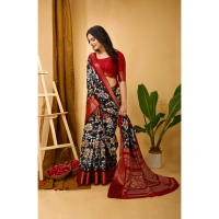 Generic Women's Soft Dola Cotton Kalamkari Printed Saree With Unstitched Blouse 5.5Mtr (Black) - Black