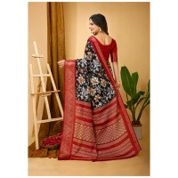 Generic Women's Soft Dola Cotton Kalamkari Printed Saree With Unstitched Blouse 5.5Mtr (Black) - Black