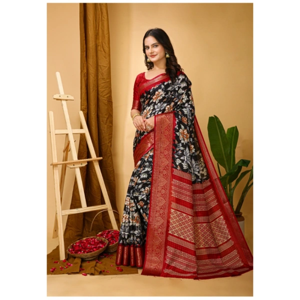 Generic Women's Soft Dola Cotton Kalamkari Printed Saree With Unstitched Blouse 5.5Mtr (Black) - Black