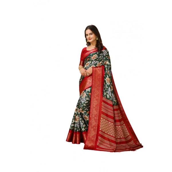Generic Women's Soft Dola Cotton Kalamkari Printed Saree With Unstitched Blouse 5.5Mtr (Green) - Green