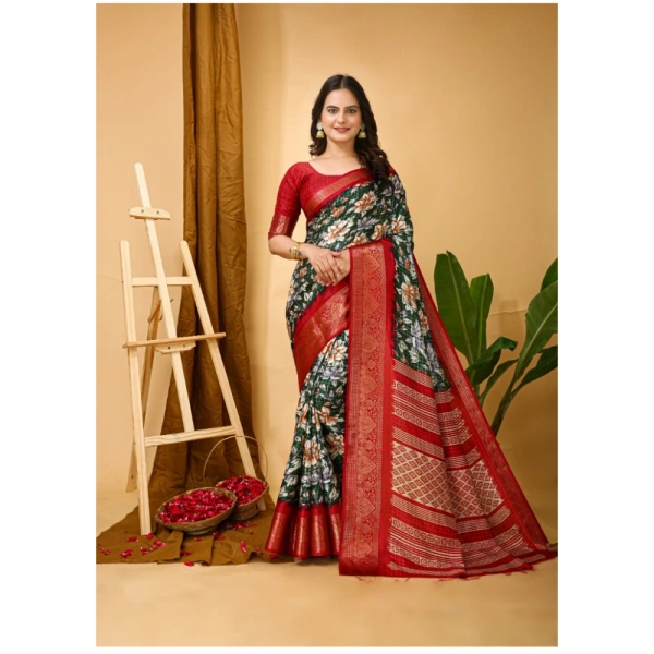 Generic Women's Soft Dola Cotton Kalamkari Printed Saree With Unstitched Blouse 5.5Mtr (Green) - Green