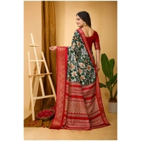Generic Women's Soft Dola Cotton Kalamkari Printed Saree With Unstitched Blouse 5.5Mtr (Green) - Green