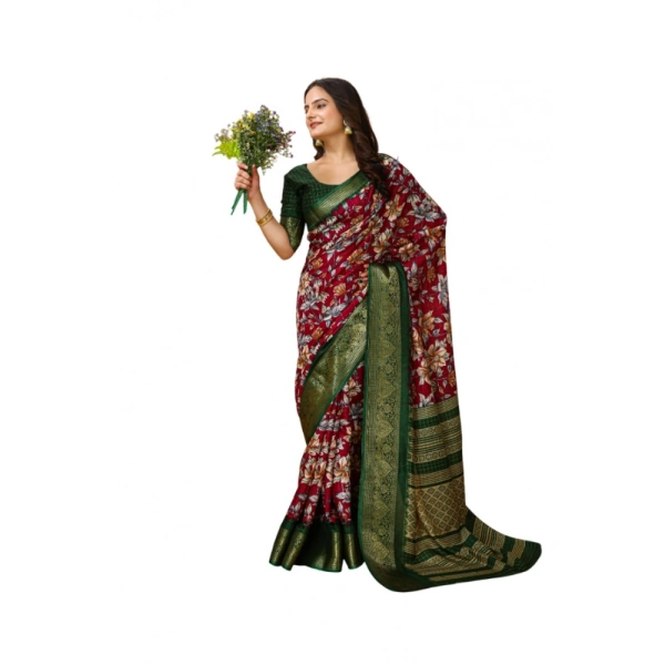 Generic Women's Soft Dola Cotton Kalamkari Printed Saree With Unstitched Blouse 5.5Mtr (Maroon) - Maroon