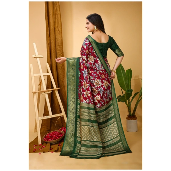 Generic Women's Soft Dola Cotton Kalamkari Printed Saree With Unstitched Blouse 5.5Mtr (Maroon) - Maroon