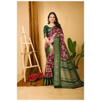 Generic Women's Soft Dola Cotton Kalamkari Printed Saree With Unstitched Blouse 5.5Mtr (Maroon) - Maroon