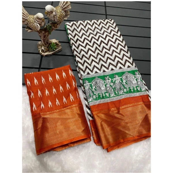 Generic Women's Soft Dola Cotton Kalamkari Printed Saree With Unstitched Blouse 5.5Mtr (Orange) - Orange