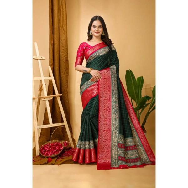 Generic Women's Soft Dola Cotton Kalamkari Printed Saree With Unstitched Blouse 5.5Mtr (B.Green) - B.Green