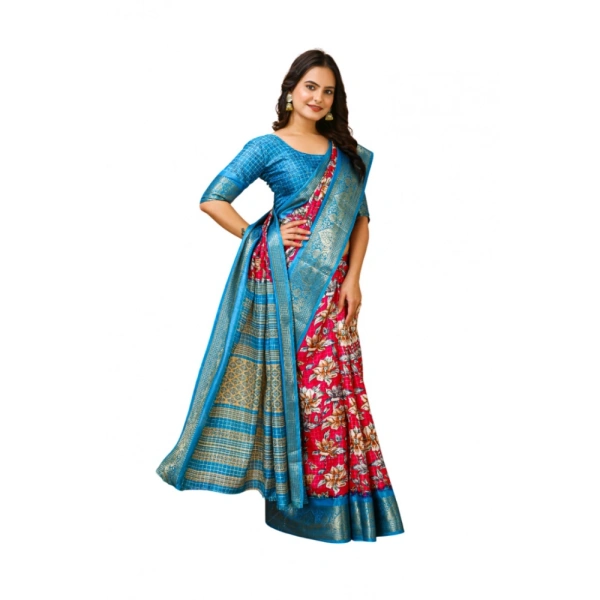 Generic Women's Soft Dola Cotton Kalamkari Printed Saree With Unstitched Blouse 5.5Mtr (Pink) - Pink