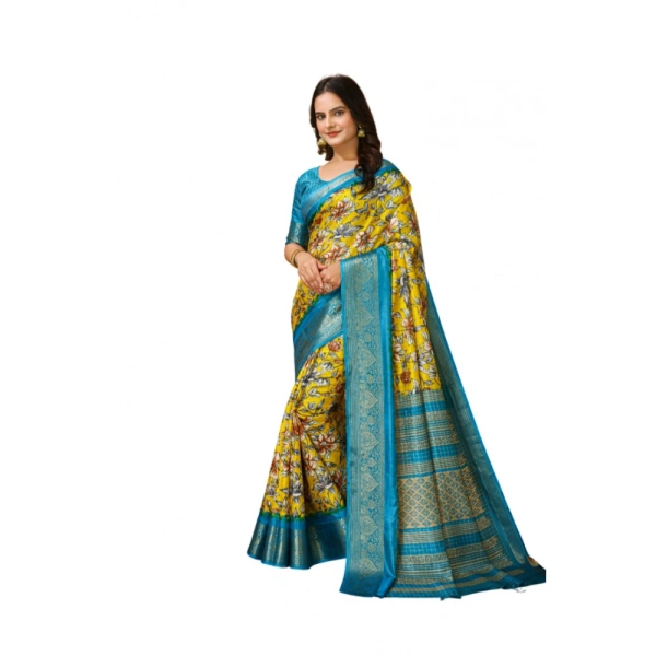Generic Women's Soft Dola Cotton Kalamkari Printed Saree With Unstitched Blouse 5.5Mtr (Yellow) - Yellow