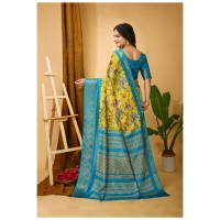 Generic Women's Soft Dola Cotton Kalamkari Printed Saree With Unstitched Blouse 5.5Mtr (Yellow) - Yellow
