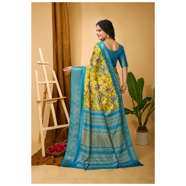 Generic Women's Soft Dola Cotton Kalamkari Printed Saree With Unstitched Blouse 5.5Mtr (Yellow) - Yellow
