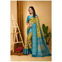 Generic Women's Soft Dola Cotton Kalamkari Printed Saree With Unstitched Blouse 5.5Mtr (Yellow) - Yellow