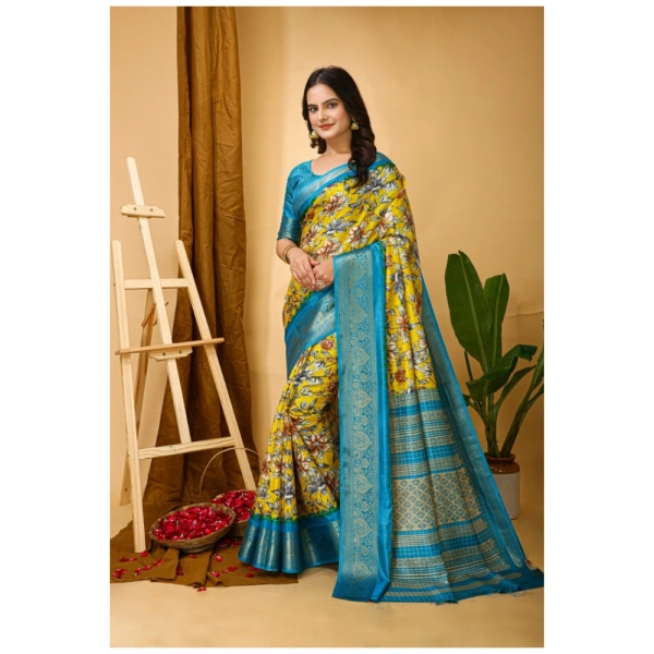 Generic Women's Soft Dola Cotton Kalamkari Printed Saree With Unstitched Blouse 5.5Mtr (Yellow) - Yellow