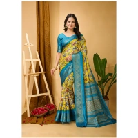 Generic Women's Soft Dola Cotton Kalamkari Printed Saree With Unstitched Blouse 5.5Mtr (Yellow) - Yellow