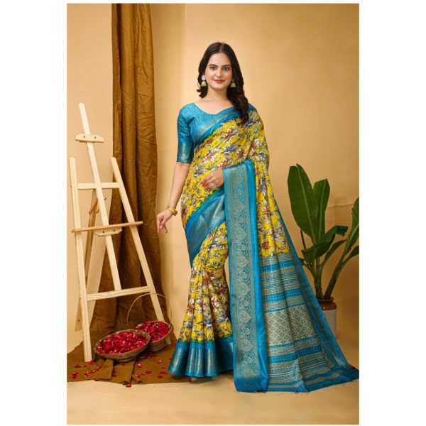Generic Women's Soft Dola Cotton Kalamkari Printed Saree With Unstitched Blouse 5.5Mtr (Yellow) - Yellow