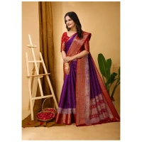 Generic Women's Soft Dola Cotton Kalamkari Printed Saree With Unstitched Blouse 5.5Mtr (Purple) - Purple