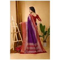 Generic Women's Soft Dola Cotton Kalamkari Printed Saree With Unstitched Blouse 5.5Mtr (Purple) - Purple