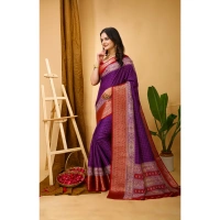Generic Women's Soft Dola Cotton Kalamkari Printed Saree With Unstitched Blouse 5.5Mtr (Purple) - Purple