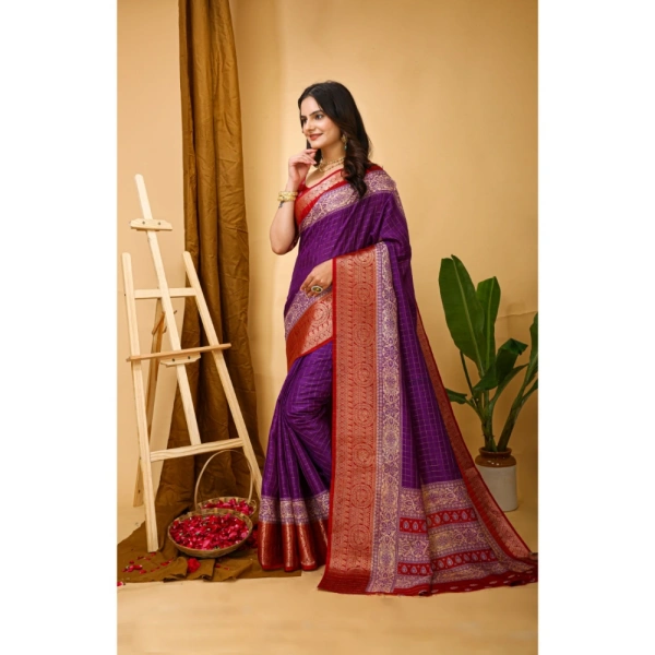 Generic Women's Soft Dola Cotton Kalamkari Printed Saree With Unstitched Blouse 5.5Mtr (Purple) - Purple