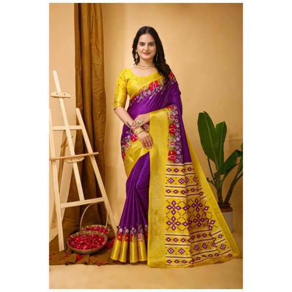 Generic Women's Soft Dola Cotton Kalamkari Printed Saree With Unstitched Blouse 5.5Mtr (Purple) - Purple