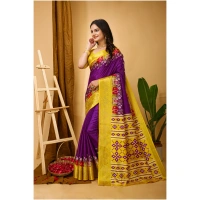 Generic Women's Soft Dola Cotton Kalamkari Printed Saree With Unstitched Blouse 5.5Mtr (Purple) - Purple