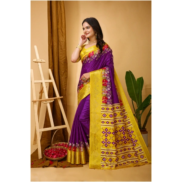 Generic Women's Soft Dola Cotton Kalamkari Printed Saree With Unstitched Blouse 5.5Mtr (Purple) - Purple