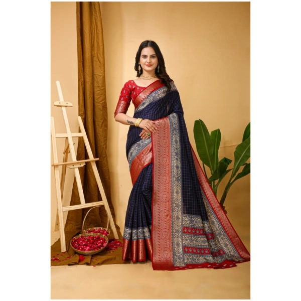 Generic Women's Soft Dola Cotton Kalamkari Printed Saree With Unstitched Blouse 5.5Mtr (Navy Blue) - Navy Blue