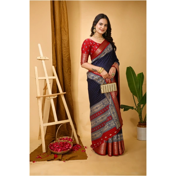 Generic Women's Soft Dola Cotton Kalamkari Printed Saree With Unstitched Blouse 5.5Mtr (Navy Blue) - Navy Blue