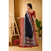 Generic Women's Soft Dola Cotton Kalamkari Printed Saree With Unstitched Blouse 5.5Mtr (Navy Blue) - Navy Blue