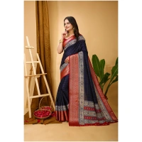 Generic Women's Soft Dola Cotton Kalamkari Printed Saree With Unstitched Blouse 5.5Mtr (Navy Blue) - Navy Blue