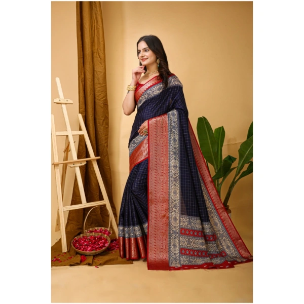 Generic Women's Soft Dola Cotton Kalamkari Printed Saree With Unstitched Blouse 5.5Mtr (Navy Blue) - Navy Blue
