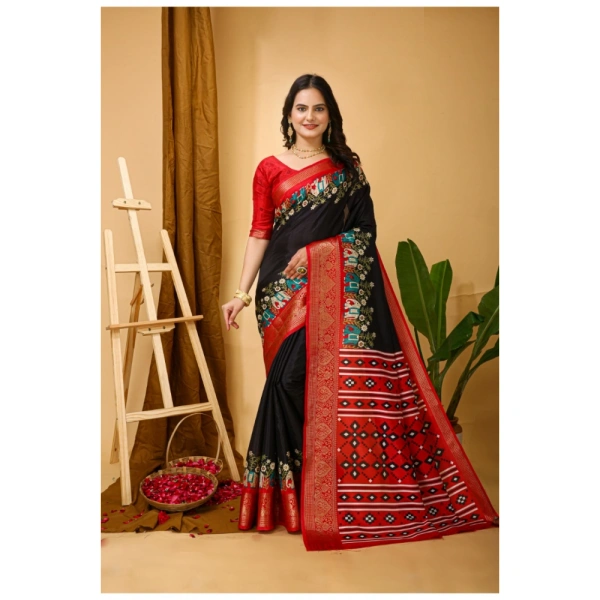 Generic Women's Soft Dola Cotton Kalamkari Printed Saree With Unstitched Blouse 5.5Mtr (Black) - Black