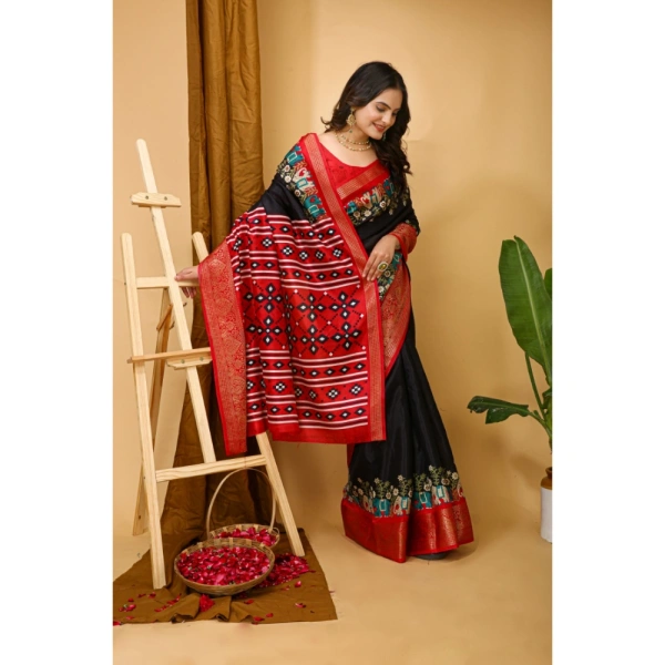 Generic Women's Soft Dola Cotton Kalamkari Printed Saree With Unstitched Blouse 5.5Mtr (Black) - Black