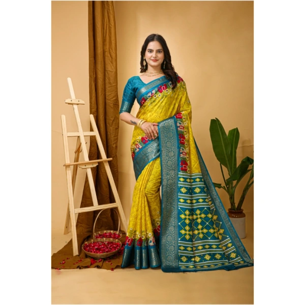 Generic Women's Soft Dola Cotton Kalamkari Printed Saree With Unstitched Blouse 5.5Mtr (Yellow) - Yellow