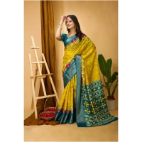 Generic Women's Soft Dola Cotton Kalamkari Printed Saree With Unstitched Blouse 5.5Mtr (Yellow) - Yellow
