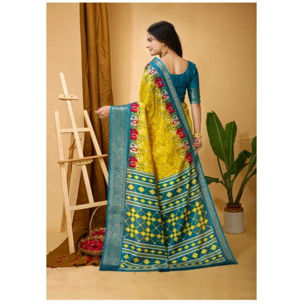 Generic Women's Soft Dola Cotton Kalamkari Printed Saree With Unstitched Blouse 5.5Mtr (Yellow) - Yellow