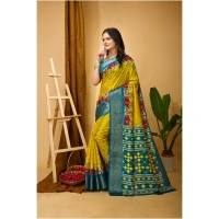 Generic Women's Soft Dola Cotton Kalamkari Printed Saree With Unstitched Blouse 5.5Mtr (Yellow) - Yellow