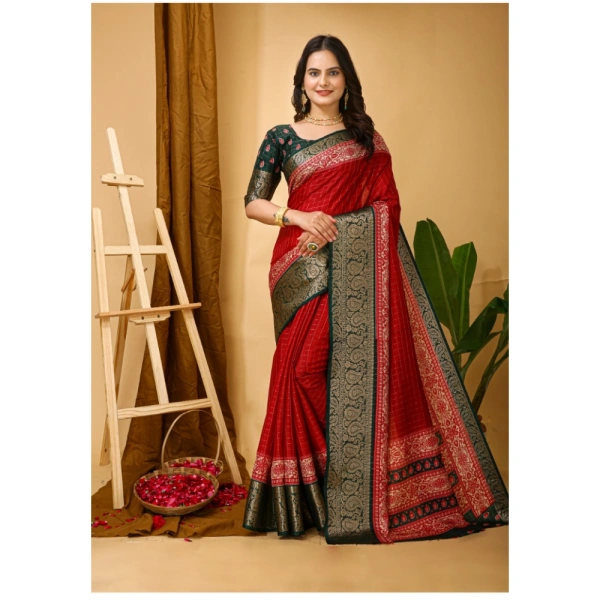 Generic Women's Soft Dola Cotton Kalamkari Printed Saree With Unstitched Blouse 5.5Mtr (Red) - Red