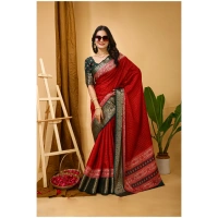 Generic Women's Soft Dola Cotton Kalamkari Printed Saree With Unstitched Blouse 5.5Mtr (Red) - Red