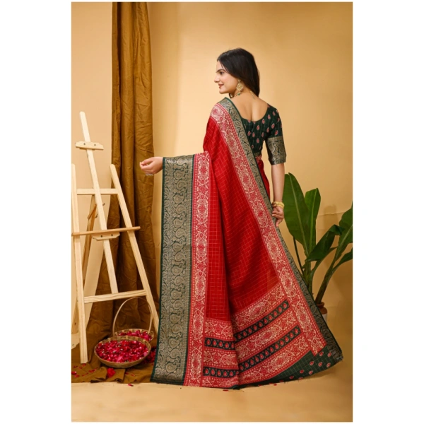 Generic Women's Soft Dola Cotton Kalamkari Printed Saree With Unstitched Blouse 5.5Mtr (Red) - Red
