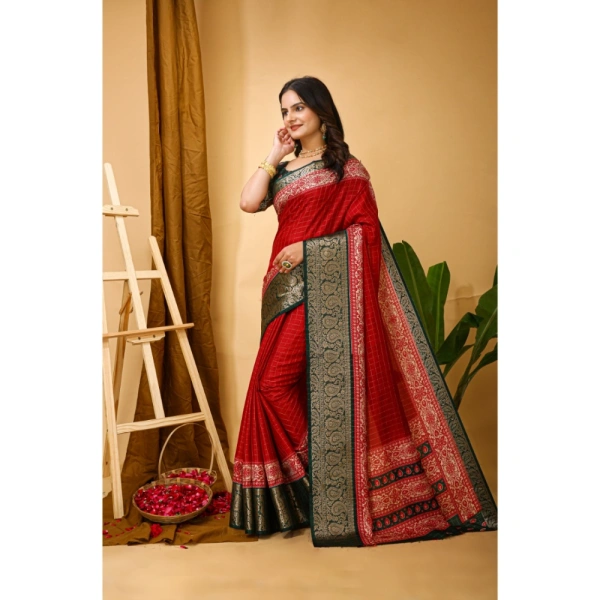 Generic Women's Soft Dola Cotton Kalamkari Printed Saree With Unstitched Blouse 5.5Mtr (Red) - Red