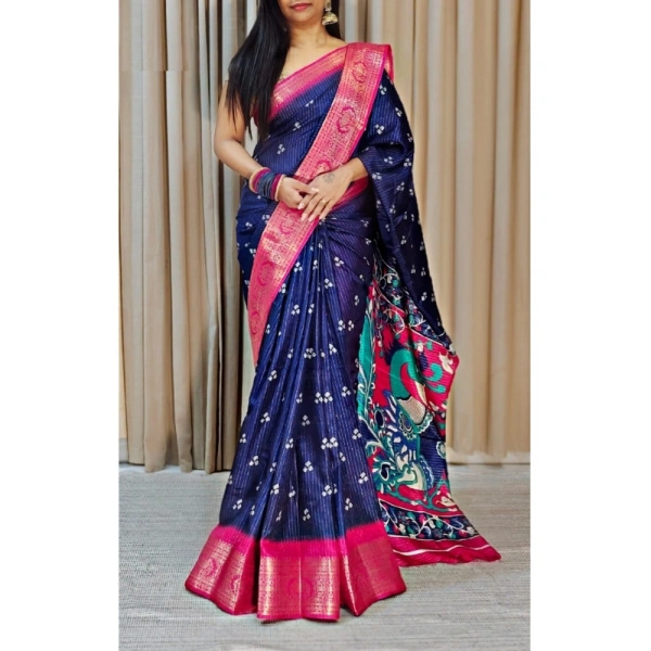 Generic Women's Soft Dola Cotton Kalamkari Printed Saree With Unstitched Blouse 5.5Mtr (Navy Blue) - Navy Blue
