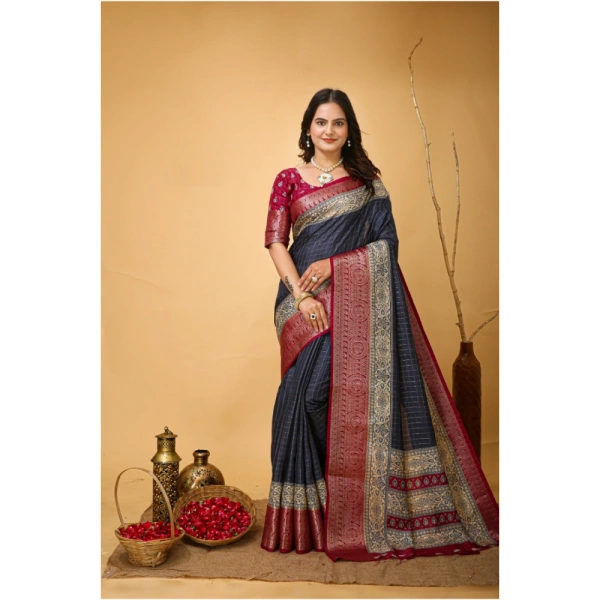 Generic Women's Soft Dola Cotton Kalamkari Printed Saree With Unstitched Blouse 5.5Mtr (Grey) - Grey