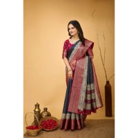 Generic Women's Soft Dola Cotton Kalamkari Printed Saree With Unstitched Blouse 5.5Mtr (Grey) - Grey