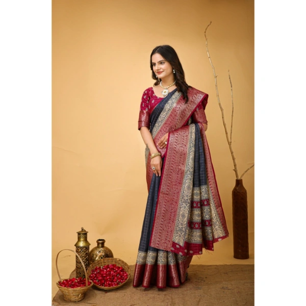 Generic Women's Soft Dola Cotton Kalamkari Printed Saree With Unstitched Blouse 5.5Mtr (Grey) - Grey