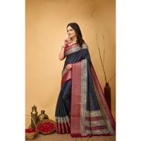 Generic Women's Soft Dola Cotton Kalamkari Printed Saree With Unstitched Blouse 5.5Mtr (Grey) - Grey