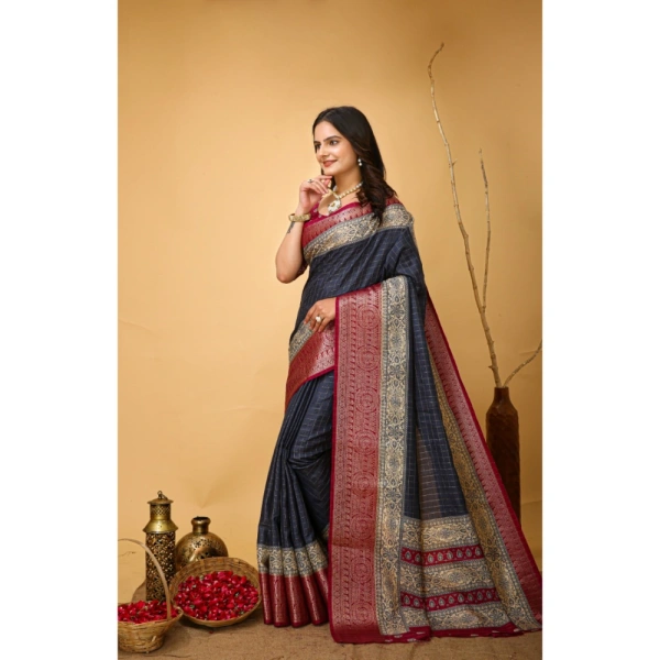 Generic Women's Soft Dola Cotton Kalamkari Printed Saree With Unstitched Blouse 5.5Mtr (Grey) - Grey