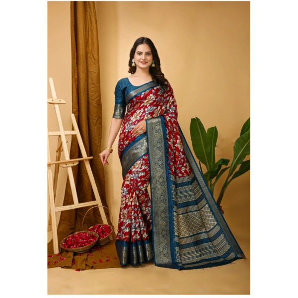 Generic Women's Soft Dola Cotton Kalamkari Printed Saree With Unstitched Blouse 5.5Mtr (Red) - Red