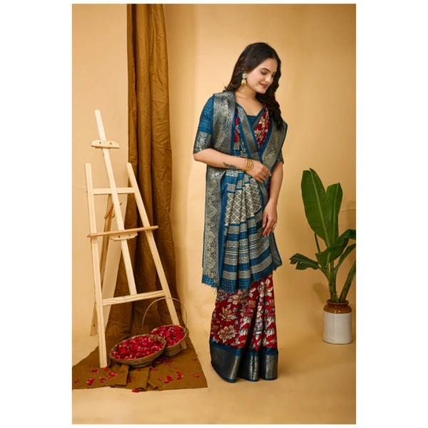 Generic Women's Soft Dola Cotton Kalamkari Printed Saree With Unstitched Blouse 5.5Mtr (Red) - Red